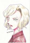  1girl absurdres artist_name asymmetrical_hair bj1034_(tosashi) blonde_hair blue_eyes burn_scar collared_jacket colored_pencil_(medium) facing_to_the_side from_side glaring highres jacket looking_at_viewer looking_to_the_side meitantei_conan open_mouth portrait red_jacket scar short_hair simple_background solo traditional_media white_background yelenika_lavrentyeva 