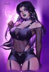  1girl absurdres bare_shoulders black_hair breasts garter_straps goth_fashion highres large_breasts long_hair looking_at_viewer lunart marvel marvel_rivals psylocke psylocke_(vengeance) purple_eyes shorts smile solo superhero_costume x-men 