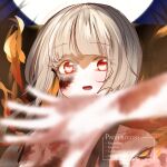  2girls blood blunt_bangs blush burn_scar commentary_request fire full_moon grey_hair highres houraisan_kaguya long_hair looking_at_viewer moon multiple_girls open_mouth red_eyes scar smile solo_focus touhou upper_body usaka_ray watermark yagokoro_eirin 