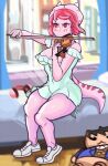 2025 5_fingers absurd_res anthro artist_name bed bedroom bowed_string_instrument breasts cavemanon_studios ceratopsian cleavage clothed clothing dannoartista digital_drawing_(artwork) digital_media_(artwork) dinosaur dress einiosaurus eyelashes facial_horn fan_character female fingers footwear freckled_face freckles frill_(anatomy) furniture glistening glistening_body glistening_scales hair hi_res horn long_tail musical_instrument nose_horn off_shoulder on_bed ornithischian pink_body pink_hair pink_scales playing_music playing_violin prehistoric_species red_eyes reptile scales scalie shoes short_hair sitting sitting_on_bed smile sneakers snoot_game solo string_instrument tail text thick_thighs trixie_(dannoartista) violin watermark wide_hipped_anthro wide_hipped_female wide_hips