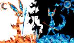 2012 ambiguous_gender anthro blue_body digital_drawing_(artwork) digital_media_(artwork) domestic_cat duo felid feline felis holding_object holding_staff lagomorph leporid mammal moon naircat orange_body rabbit staff sun surrealism textured