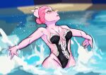 2025 5_fingers absurd_res anthro artist_name black_one-piece_swimsuit breasts cavemanon_studios ceratopsian clothing dannoartista digital_drawing_(artwork) digital_media_(artwork) dinosaur einiosaurus eyelashes facial_horn fan_character female fingers hair hair_bun hi_res horn nose_horn one-piece_swimsuit ornithischian outside partially_submerged pink_body pink_hair pink_scales prehistoric_species red_eyes reptile scales scalie short_hair skimpy_swimwear snoot_game solo swimming swimwear text trixie_(dannoartista) watermark wet wet_body wet_scales wide_hipped_anthro wide_hipped_female wide_hips