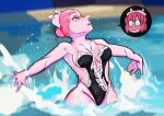 2025 5_fingers absurd_res anthro artist_name black_one-piece_swimsuit blush breasts cavemanon_studios ceratopsian clothing dannoartista digital_drawing_(artwork) digital_media_(artwork) dinosaur einiosaurus eyelashes facial_horn fan_character female fingers hair hair_bun hi_res horn nose_horn one-piece_swimsuit ornithischian outside partially_submerged pink_body pink_hair pink_scales prehistoric_species red_eyes reptile scales scalie short_hair skimpy_swimwear snoot_game solo swimming swimwear text trixie_(dannoartista) watermark wet wet_body wet_scales wide_hipped_anthro wide_hipped_female wide_hips