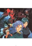  1980s_(style) 1990s_(style) 2girls 3boys absurdres angry beam_rifle ben_wooder blue_eyes blue_hair brown_hair buran_blutarch cable crossed_arms earth_(planet) energy_gun gm_ii green_hair gundam hairband highres kitazume_hiroyuki looking_at_viewer looking_back marasai mecha_pilot_suit military_uniform mouar_pharaoh multiple_boys multiple_girls nebula nemo_(mobile_suit) official_art one-eyed paptimus_scirocco planet pompadour purple_hair retro_artstyle rosamia_badam scan serious shoulder_spikes spikes star_(sky) titans_(gundam) traditional_media weapon zeta_gundam 