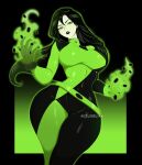  1girl black_bodysuit black_gloves black_hair black_lips bodysuit breasts celebelian colored_skin covered_navel fire flaming_hand gloves green_bodysuit green_eyes green_fire green_gloves green_skin highres kim_possible_(series) large_breasts long_hair looking_at_viewer medium_breasts multicolored_bodysuit shego solo thick_thighs thighs two-tone_bodysuit wide_hips 