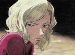  1girl artist_name asymmetrical_hair bj1034_(tosashi) blonde_hair blue_eyes burn_scar closed_mouth colored_pencil_(medium) dark from_side jacket long_hair looking_at_viewer meitantei_conan portrait red_jacket sad scar short_hair solo traditional_media two-tone_background very_long_hair yelenika_lavrentyeva 