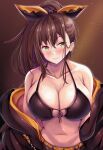  1girl ayannon_yumme bare_shoulders belt bikini bikini_top_only black_cape black_shorts blush breasts brown_hair cape cleavage cloak closed_mouth collarbone commentary cowboy_shot extra_pupils front-tie_bikini_top front-tie_top green_eyes groin hair_between_eyes hair_ribbon high_ponytail highres large_breasts long_hair looking_at_viewer multi-tied_hair navel off_shoulder orange_belt orange_cape ponytail re:zero_kara_hajimeru_isekai_seikatsu ribbon shaula_(re:zero) short_shorts shorts sidelocks smile solo stomach swimsuit two-tone_cape 