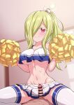  1boy 1girl bar_censor blush breasts censored cheerleader cleavage closed_mouth commentary_request commission cowgirl_position crop_top crop_top_overhang cropped_shirt flower girl_on_top green_hair hair_flower hair_ornament hair_over_one_eye hands_up hetero highres holding holding_pom_poms indoors jashin-chan_dropkick large_breasts large_variant_set long_hair looking_at_viewer microskirt midriff mumyou_ishi navel penis persephone_(jashin-chan_dropkick) pleated_skirt pom_pom_(cheerleading) ponytail red_eyes shirt shoes skeb_commission skirt sleeveless sleeveless_shirt smile straddling sweat thick_eyelashes thighhighs twitching_penis underboob variant_set white_flower white_shirt white_shoes white_skirt white_thighhighs 