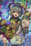  1girl :d balloon black_hat blouse blush bow buttons carousel commentary contrast_collar diamond_button dna english_text feet_out_of_frame fish frilled_hat frilled_shirt_collar frilled_skirt frilled_sleeves frills green_eyes green_hair green_skirt hat hat_bow heart highres koishi_day komeiji_koishi long_sleeves looking_at_viewer nek0magur0 open_mouth reins shirt sidesaddle sitting skirt smile solo third_eye touhou unicorn wide_sleeves yellow_bow yellow_shirt 
