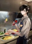  1boy absurdres anger_vein animal_print annoyed apron black_hair blue_apron blue_pants blunt_bangs bottle brown_eyes chinese_commentary closed_mouth collared_shirt commentary_request cooking cooking_pot cowboy_shot dog_print food frown grey_shirt highres holding holding_bottle ketchup_bottle light_blush looking_to_the_side male_focus mkmwyydlp notice_lines omelet omurice original pants pointy_nose shirt short_hair sleeves_rolled_up solo standing stove swept_bangs thick_eyebrows 