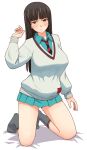  1girl amate_yuzuriha amate_yuzuriha_(cosplay) aqua_shirt aqua_skirt black_hair brown_eyes commentary_request cosplay crossover diagonal-striped_clothes diagonal-striped_necktie expressionless girls_und_panzer grey_socks gundam gundam_gquuuuuux kneeling long_hair looking_at_viewer necktie nishizumi_shiho pleated_skirt shirt skirt socks solo striped_clothes sweater uona_telepin white_sweater 