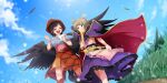  2girls bandana bird black_wings blonde_hair blue_sky blush bracelet brown_hair brown_hat cape closed_eyes cloud commentary day earmuffs english_commentary feathered_wings flying game_cg grass hat highres jewelry kurokoma_saki lace-trimmed_skirt lace_trim long_hair multiple_girls off-shoulder_shirt off_shoulder official_art open_mouth outdoors pegasus_wings pointy_hair purple_cape purple_skirt red_cape ritual_baton sheath sheathed shikushiku_(amamori_weekly) shirt short_hair short_sleeves skirt sky sleeveless sleeveless_shirt smile sword third-party_source touhou touhou_lostword toyosatomimi_no_miko two-sided_cape two-sided_fabric weapon white_bandana wings yellow_eyes 