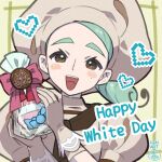  1girl absurdres ascot bow brown_ascot brown_eyes chef chef_hat chocolate english_text gift gift_bag gloves green_hair hands_up happy_white_day hat heart highres holding holding_gift katy_(pokemon) looking_at_viewer low_side_ponytail mole mole_on_cheek open_mouth pink_bow pokemon pokemon_sv portrait puffy_short_sleeves puffy_sleeves sasami_642 short_sleeves smile solo teeth upper_teeth_only white_day 