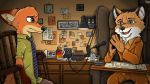  anthro canid canine clothed clothing cup digital_media_(artwork) disney fantastic_mr._fox fingers fox fully_clothed fur furniture looking_at_viewer male mammal microphone mr._fox muzzle_(disambiguation) necktie nick_wilde orange_body orange_fur paper pawpads paws plans smile suit ziegelzeig zootopia 