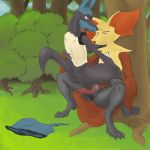  1:1 3_toes absurd_res animal_genitalia animal_penis anthro anthro_on_anthro anus backsack balls biped canine_penis delphox digitigrade duo erection forest frottage fur genitals hi_res knot littlebrowndog lucario male male/male nintendo nude open_mouth outside penis pok&eacute;mon pok&eacute;mon_(species) public sex toes tree video_games 
