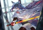  1girl animal_ear_fluff animal_ears arknights bangs black_hair black_shirt blurry blurry_background chinese_commentary closed_mouth commentary_request fur-trimmed_jacket fur-trimmed_sleeves fur_trim glowing glowing_sword glowing_weapon hair_between_eyes highres holding holding_sword holding_weapon jacket light_particles long_hair looking_at_viewer orange_eyes pantyhose shirt shorts solo sword texas_(arknights) vardan weapon white_jacket white_shorts wolf_ears 