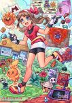  1boy 1girl :d akuo armaldo artist_name badge badge_(pokemon) balance_badge bandana bike_shorts black_gloves black_shorts black_socks blue_eyes box_art brown_hair castform castform_(sunny) dive_ball duskull dynamo_badge english_commentary fanny_pack feather_badge forest full_body game_boy_advance game_link_cable gloves groudon handheld_game_console heat_badge knuckle_badge latios looking_at_viewer luxury_ball mawile may_(pokemon) mind_badge nature nest_ball net_ball open_mouth plant poke_ball pokemon pokemon_(creature) pokemon_gym pokemon_rse potted_plant premier_ball rain_badge red_bandana red_shirt repeat_ball secret_base_(pokemon) seedot shirt short_hair short_sleeves shorts smile socks solrock standing standing_on_one_leg steven_stone stone_badge teeth tent timer_ball torchic two-tone_gloves upper_teeth_only white_gloves zangoose 