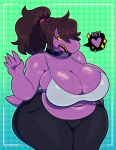 2025 anthro big_breasts bodily_fluids bra breast_squish breasts choker cleavage clothed clothing deltarune female hair heart_symbol hi_res huge_breasts jewelry necklace open_mouth ponytail reptile scalie simple_background solo somescrub squish susie_(deltarune) sweat undertale_(series) underwear