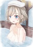  1girl :d bare_shoulders bathing blue_eyes blush breasts ceras_yanagida_lilienfeld cleavage collarbone commentary completely_nude grey_hair highres indoors large_breasts link!_like!_love_live! lone_nape_hair looking_at_viewer love_live! matsurugi_tsukasa nude open_mouth short_hair smile solo towel towel_on_head vignetting virtual_youtuber 