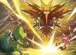  absurdres artist_request charmander closed_mouth clothed_pokemon cloud cloudy_sky debris electricity fangs fire flame-tipped_tail flying glowing glowing_eyes highres no_humans official_art open_mouth pokemon pokemon_(creature) pokemon_focus pokemon_mystery_dungeon pokemon_mystery_dungeon:_red/blue_rescue_team scarf sky standing tail talons third-party_source treecko v-shaped_eyes zapdos 