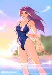 1girl absurdres breasts genjiruu highres large_breasts long_hair looking_at_viewer marvel marvel_rivals one-piece_swimsuit psylocke psylocke_(sai) purple_eyes purple_hair solo swimsuit water x-men 