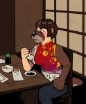 2017 asian_clothing black_hair blackshirtboy breasts brown_body brown_fur chair chinese_clothing chopsticks clothing detailed_background east_asian_clothing female food fur furniture hair inside looking_down lutrine mammal membrane_(anatomy) mustelid sitting solo sushi transformation webbed_hands 