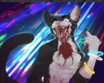 5:4 abstract_background absurd_res anthro bite blood blood_in_mouth blood_on_face blood_on_hand blood_splatter bodily_fluids cocky cocky_smile crazy_eyes domestic_cat dripping ear_piercing felid feline felis gesture glowstick hand_gesture hi_res huge_filesize male mammal middle_finger mouth_shot nipple_piercing nipples open_mouth piercing saliva saliva_drip saliva_on_tongue saliva_string sketch sketchotterly sketchotto sketchy solo solo_in_panel text url