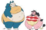  2020 anthro belly big_breasts big_butt biped blush bodily_fluids bovid bovine breasts butt clothed clothing digital_media_(artwork) duo eyes_closed female hair hi_res horn leoafterhours leoafterhourspokemon mammal miltank navel nintendo overweight pok&eacute;mon pok&eacute;mon_(species) simple_background smile snorlax sweat teats thick_thighs udders video_games wide_hips 
