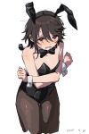  1girl animal_ears bare_shoulders black_bow black_bowtie black_leotard blush bow bowtie breasts brown_hair brown_pantyhose cleavage cowboy_shot cropped_legs crossed_arms dated detached_collar fake_animal_ears highres leotard looking_at_viewer lower_teeth_only momijiyama_teru pantyhose rabbit_ears red_eyes shiny_clothes short_hair shy_(series) simple_background small_breasts solo sweat takatisakana teeth white_background wrist_cuffs 