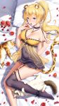  1girl animal_ears apple babydoll bangs bare_shoulders black_legwear blonde_hair blue_eyes blush breasts cat choker cleavage commentary_request eating eyebrows_visible_through_hair flower food from_above fruit girl_cafe_gun haneru highres holding holding_food holding_fruit jewelry juno_emmons large_breasts leopard_ears leopard_tail long_hair lying necklace no_shoes open_mouth petals pillow ponytail red_apple red_flower red_rose rose single_thighhigh solo strap_pull tail thighhighs 