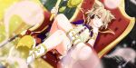  1girl blonde_hair bracelet cape commentary crossed_legs earmuffs english_commentary game_cg gold_trim head_on_hand highres hitodama jewelry official_art open_mouth pointy_hair purple_cape purple_skirt red_cape ritual_baton sheath sheathed shirt short_hair sitting sitting_on_throne skirt sleeveless sleeveless_shirt solo sword third-party_source throne touhou touhou_lostword toyosatomimi_no_miko two-sided_cape two-sided_fabric umekichi weapon yellow_eyes 