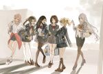  6+girls :o aerith_gainsborough against_wall asina71 bag black_hair black_pantyhose black_skirt blazer blonde_hair blue_bag blue_cardigan blue_eyes blue_jacket blue_skirt book bow bracelet braid braided_ponytail brown_hair brown_pantyhose brown_shoes cardigan character_charm character_doll charm_(object) chocobo closed_eyes clothes_around_waist cloud_strife collared_shirt contemporary crescent_moon dolphin final_fantasy final_fantasy_vii final_fantasy_x final_fantasy_xiii final_fantasy_xv final_fantasy_xvi flower full_body glasses green_eyes grey_hair grey_shoes heterochromia highres holding holding_book ifrit_(final_fantasy) in-franchise_crossover jacket jacket_around_waist jewelry jill_warrick leaning lightning_farron loafers long_hair looking_at_another low-tied_long_hair lunafreya_nox_fleuret moogle moon multiple_girls noctis_lucis_caelum pantyhose phoenix_feather pink_bow pink_hair ponytail red_bow red_eyes red_jacket school_bag school_uniform serah_farron shadow shirt shoes short_hair sidelocks skirt smile sneakers standing star_(symbol) sweater_vest swept_bangs teacher teacher_and_student thighhighs tidus tifa_lockhart very_long_hair watch white_shirt white_thighhighs wristwatch yellow_flower yellow_sweater_vest yuna_(ff10) zack_fair 