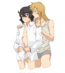  2girls alternate_costume bare_shoulders black_hair blonde_hair blue_eyes bracelet breasts collared_jacket commentary grey_panties grey_shirt hands_on_another&#039;s_shoulders heart-shift_bracelets highres jacket jewelry jiguang_haibao koishikawa_iko long_hair looking_at_viewer momijiyama_teru multiple_girls navel no_bra no_eyewear open_clothes open_jacket panties parted_lips scar scar_across_eyebrow scar_on_face shirt short_hair shy_(series) sideboob simple_background sleeveless sleeveless_shirt small_breasts sweatdrop symbol-only_commentary teeth underwear white_background white_jacket white_panties yellow_eyes yuri 