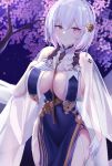  1girl :o azur_lane bangs blush braid breast_curtains breasts cherry_blossoms china_dress chinese_clothes cleavage cola_(884625) commentary_request covered_navel covered_nipples cowboy_shot dress eyebrows_visible_through_hair falling_petals floral_print flower garter_straps gloves grey_dress hair_between_eyes hair_flower hair_ornament half_gloves hand_on_own_chest large_breasts looking_at_viewer neckwear_between_breasts night night_sky pelvic_curtain red_eyes revealing_clothes see-through_sleeves sheer_clothes short_hair side_braid side_slit sidelocks sirius_(azur_lane) sirius_(azure_horizons)_(azur_lane) sky solo standing tree_branch white_gloves white_hair 