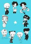  1girl 6+boys absurdres anchor_ornament battle_tendency beanie belt blue_theme braid chain chibi chibi_only commentary commentary_request compass_rose crop_top diamond_wa_kudakenai dixie_cup_hat double_bun family father_and_daughter father_and_son gakuran giorno_giovanna grandfather_and_grandson grin hair_bun hair_ornament hat heart_ornament higashikata_josuke higashikata_josuke_(jojolion) highres horseshoe horseshoe_hat_ornament jodio_joestar johnny_joestar jojo_no_kimyou_na_bouken jojo_pose jojolion jonathan_joestar joseph_joestar joseph_joestar_(young) kepi kujo_jolyne kujo_jotaro ladybug_ornament long_hair long_sleeves m_a_a_m_8 medium_hair military_hat monochrome multiple_boys navel parted_bangs phantom_blood pompadour sailor sailor_collar scarf school_uniform shirt shoes short_hair short_sleeves shoulder_pads side_braid single_braid sitting sleeveless sleeveless_shirt smile sneakers standing star_(symbol) star_hair_ornament stardust_crusaders steel_ball_run stone_ocean striped_clothes striped_scarf teeth the_jojolands time_paradox vento_aureo wariza 