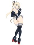  1girl ass bare_shoulders black_ribbon blonde_hair blue_eyes breasts commentary_request dead_or_alive detached_sleeves frilled_leotard frills from_behind gloves hair_ornament hair_ribbon high_heels highres leotard long_hair marie_rose ribbon smile solo swimsuit thighhighs toshinoshin twintails twisted_torso x_hair_ornament 