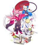  2girls arm_scrunchie asymmetrical_horns blue_kimono floral_print gloves honkai_(series) honkai_impact_3rd intertwined_tails japanese_clothes kimono liliya_olenyeva long_hair mango_cat mechanical_horns mechanical_tail mismatched_gloves multiple_girls obi pink_kimono print_kimono rozaliya_olenyeva sash siblings tail thick_eyebrows twins umbrella yukata 