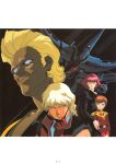  1980s_(style) 1990s_(style) 2boys 2girls absurdres aeug beam_cannon blonde_hair cable extra_eyes gloves gundam haman_karn hambrabi highres kitazume_hiroyuki looking_at_another machinery mecha military_uniform mineva_lao_zabi mobile_suit mullet multiple_boys multiple_girls neo_zeon official_art orange_hair pink_hair quattro_bajeena red_gloves removing_eyewear retro_artstyle robot scan science_fiction serious sideburns smirk sunglasses titans_(gundam) traditional_media vest yazan_gable zeta_gundam 