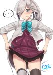  ... 1girl absurdres ahoge asashimo_(kantai_collection) asymmetrical_legwear bangs blue_neckwear blush bow bowtie dress english_text eyebrows_visible_through_hair green_panties grey_eyes hair_over_one_eye highres jacket kantai_collection kiritto lifted_by_self long_hair panties pantyshot ponytail purple_dress remodel_(kantai_collection) school_uniform sharp_teeth silver_hair simple_background skirt skirt_lift sleeves_rolled_up solo speech_bubble sweat teeth thighhighs underwear very_long_hair white_background 