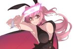  1girl animal_ears blush bouncing_breasts bow bowtie breasts bunny_ears bunny_girl cape cleavage commentary_request fake_animal_ears glowing hair_intakes highres large_breasts long_hair miton-chan_(miton_(turuyasann)) miton_(turuyasann) original pink_eyes pink_hair solo white_background wrist_cuffs 