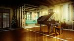 building ceiling_light couch curtains door flower grand_piano indoors instrument mocha_(cotton) night no_humans original piano piano_bench plant potted_plant scenery shadow stack twitter_username wall_lamp white_flower window wooden_floor 