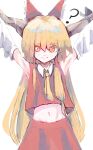  1girl 4rdilla armpits arms_up ascot blonde_hair bow cosplay detached_sleeves fang frilled_bow frills hair_bow hair_tubes hakurei_reimu hakurei_reimu_(cosplay) highres horn_ornament horn_ribbon horns ibuki_suika long_hair looking_at_viewer midriff oni purple_ribbon red_bow ribbon simple_background slit_pupils solo touhou white_background yellow_ascot 