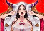  1girl :d ahegao black_hair breasts butcha-u double_v drooling fate/extra fate/extra_ccc fate/grand_order fate_(series) forehead horns long_hair open_mouth parody pink_nails sei_shounagon_(fate) sesshouin_kiara smile solo tongue tongue_out v 