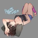  1girl 2020 agawa_ryou arm_above_head arm_up breasts brown_eyes brown_hair cleavage commentary dated grey_background looking_at_viewer lying medium_breasts on_back pillow short_hair short_shorts shorts simple_background solo thighs upside-down 