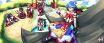  6+girls absurdres bandaid bandaid_on_face bandaid_on_nose bell black_gloves black_hair blonde_hair blue_fire blue_hair bow camera dress drunk fingerless_gloves fire flower frilled_dress frills gap_(touhou) geta gloves gohei hair_flower hair_ornament hakurei_reimu highres hinanawi_tenshi holding holding_camera holding_juice_box horns ibaraki_douji_(touhou) ibuki_suika jingle_bell jongk_ok juice_box large_bow leaning_on_object long_hair looking_at_viewer multiple_girls nagae_iku oni pink_hair purple_eyes purple_hair red_bow redesign shameimaru_aya short_hair smile torii torn_clothes torn_sleeves touhou tree very_long_hair watermark yellow_eyes yorigami_shion 