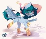  2020 absurd_res clothing delta_vee digital_media_(artwork) equid equine eyelashes eyewear fan_character female feral glasses hat headgear headwear hi_res looking_at_viewer mammal my_little_pony nevobaster open_mouth open_smile pterippus puddle simple_background smile solo wings 