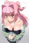  1girl bare_shoulders black_legwear blush breasts cleavage collarbone commentary_request covered_nipples hair_intakes highres jacket large_breasts leotard long_hair looking_at_viewer miton-chan_(miton_(turuyasann)) miton_(turuyasann) orange_eyes original pantyhose pink_hair solo strapless strapless_leotard translation_request two_side_up unzipping 