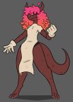 anthro breasts brown_body brown_scales clothed clothing facial_scar fangs female gloves gradient_hair grey_background hair hair_over_eyes handwear hi_res horn kobold nerdyreindeer orange_hair pink_hair scales scalie scar simple_background small_breasts smile snout snout_scar solo teeth