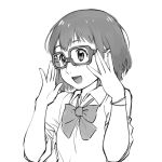  1girl breasts commentary_request glasses monochrome open_mouth school_uniform simple_background smile solo ueyama_michirou white_background z-kai z-kai:_cross_road 