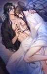  2boys abs absurdres artist_name bare_pectorals bite_mark bite_mark_on_neck bite_mark_on_thigh black_hair black_hanfu brown_hair chinese_clothes chu_wanning closed_eyes closed_mouth collarbone erha_he_tadebai_mao_shizun futon hair_down hand_on_another&#039;s_back hand_on_another&#039;s_chest hanfu head_on_pillow hickey highres holding_another&#039;s_hair jewelry korean_commentary lattice long_hair long_sleeves looking_at_another lying male_focus mo_ran multiple_boys necklace nipples no_pants on_back on_side open_clothes pectorals pendant pillow scar scar_on_chest smile toned toned_male under_covers white_hanfu wide_sleeves window_shadow yaoi zehel_az 